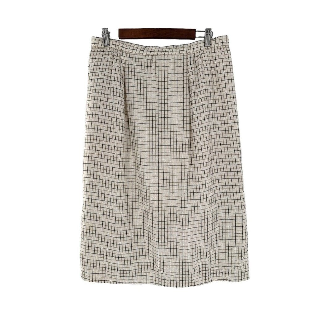 Vtg Liz Claiborne Beige Black Checkered Rayon Midi Skirt Size 12 Academia Money - Picture 1 of 13
